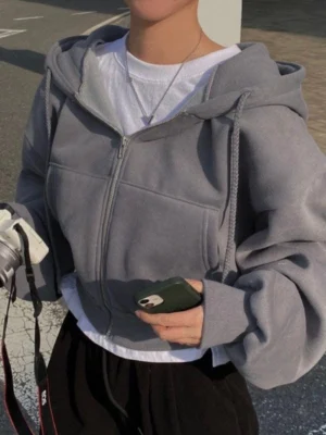 Cropped Zip-Up Balloon Sleeve Hoodie