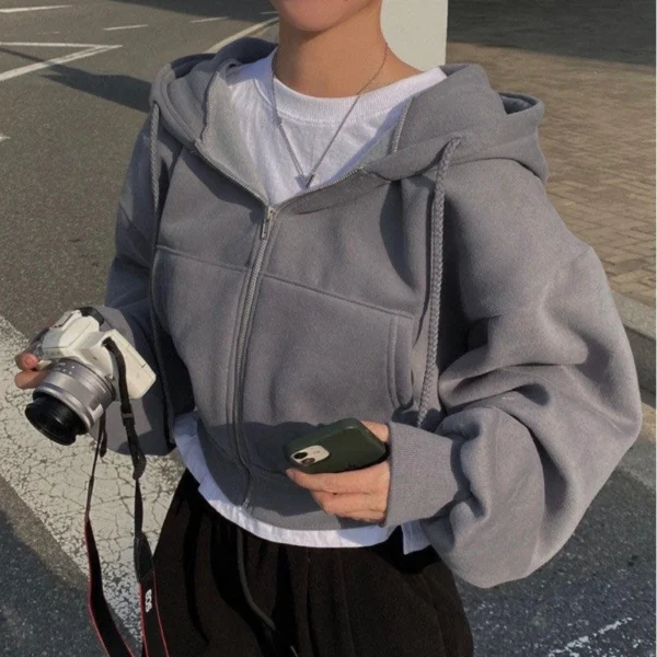 Cropped Zip-Up Balloon Sleeve Hoodie