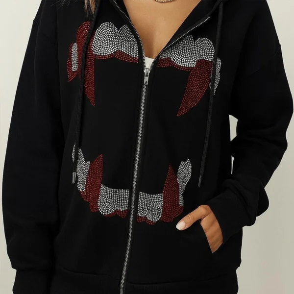Rhinestone Vampire Fangs Zip-Up Hoodie