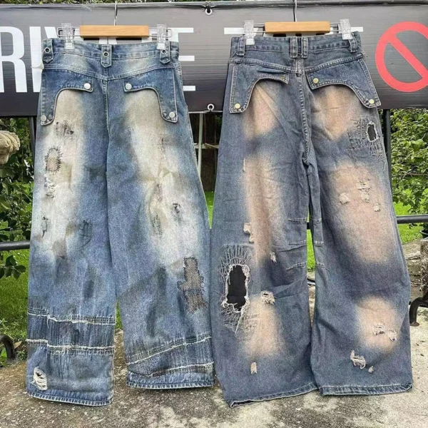 Distressed Patchwork Baggy Denim Jeans Distressed Patchwork Baggy Denim Jeans