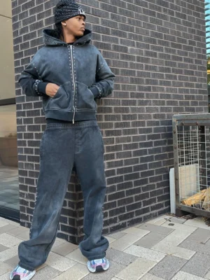 Studded Washed Zip Hoodie Pants Set Studded Washed Zip Hoodie Pants Set
