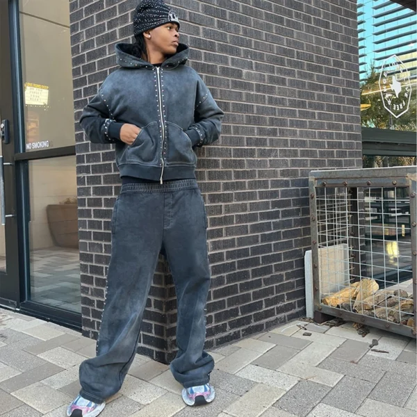 Studded Washed Zip Hoodie Pants Set