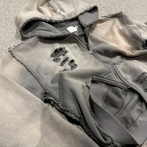 Grey Washed Distressed Cropped Zip Hoodie Grey Washed Distressed Cropped Zip Hoodie