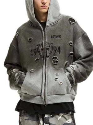 Distressed Washed Zip Hooded Sweatshirt Distressed Washed Zip Hooded Sweatshirt