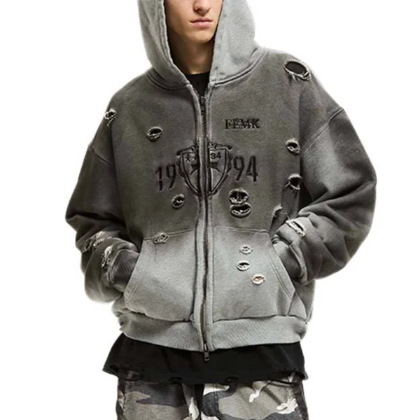 Distressed Washed Zip Hooded Sweatshirt