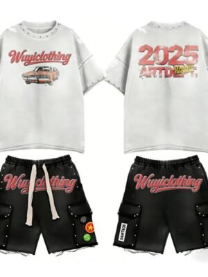 Vintage Car Print Studded Short Set Vintage Car Print Studded Short Set