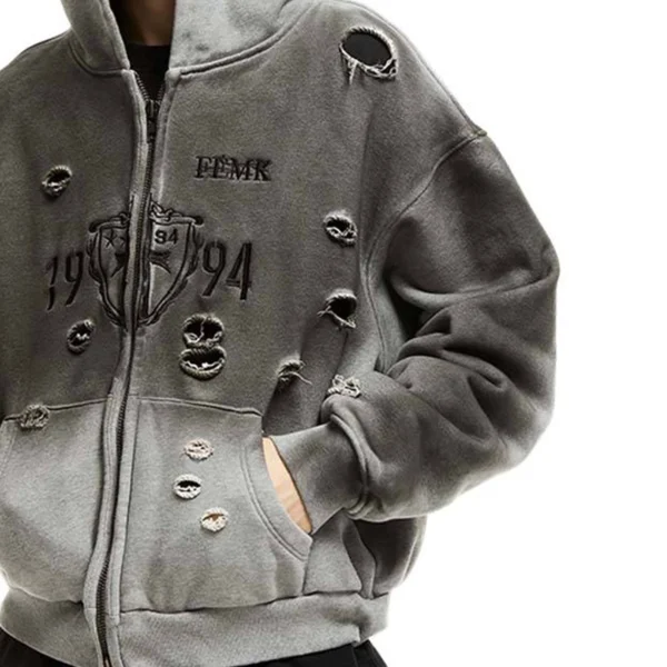 Distressed Washed Zip Hooded Sweatshirt