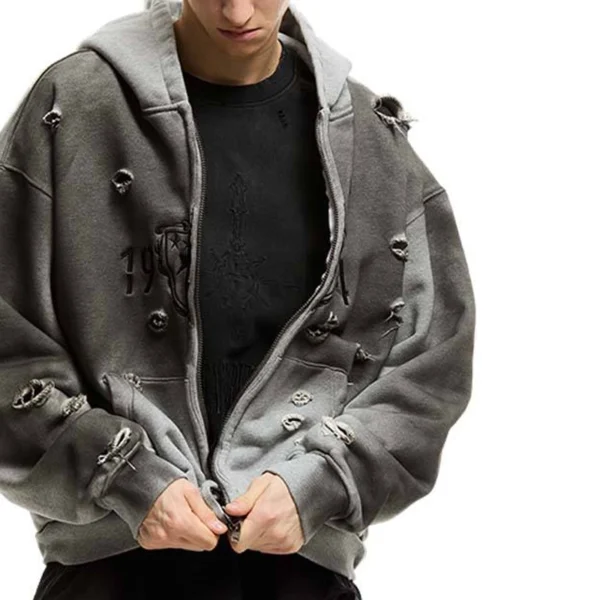 Distressed Washed Zip Hooded Sweatshirt