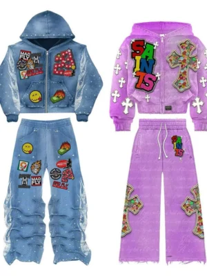 Patchwork Studded Streetwear Tracksuit Set