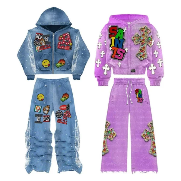 Patchwork Studded Streetwear Tracksuit Set Patchwork Studded Streetwear Tracksuit Set