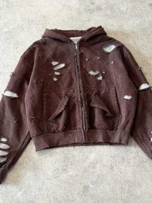 Brown Distressed Cropped Zip Hoodie Brown Distressed Cropped Zip Hoodie
