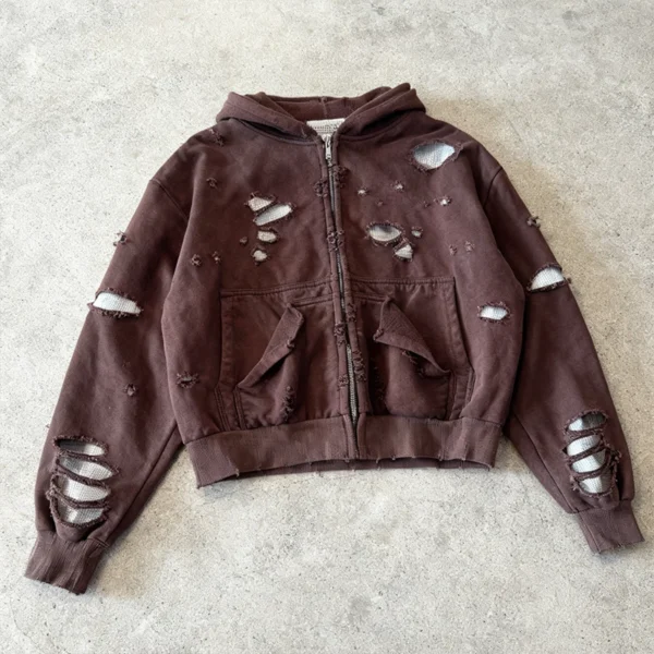 Brown Distressed Cropped Zip Hoodie Brown Distressed Cropped Zip Hoodie