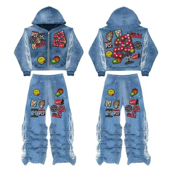 Patchwork Studded Streetwear Tracksuit Set Patchwork Studded Streetwear Tracksuit Set