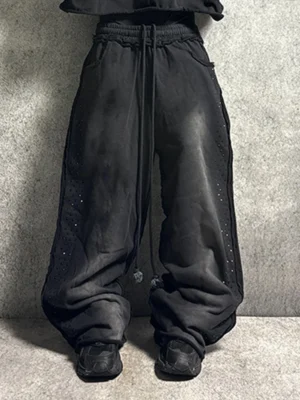 Black Washed Studded Wide-Leg Sweatpants