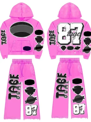 Pink 87 TAGE Patch Streetwear Tracksuit Set