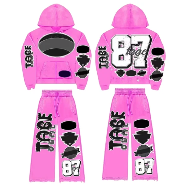 Pink 87 TAGE Patch Streetwear Tracksuit Set