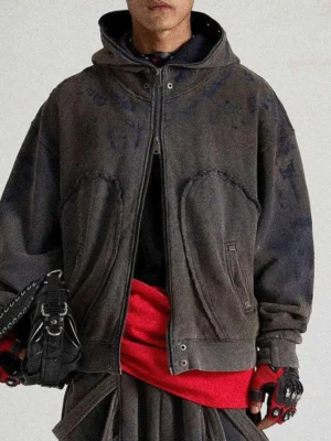 Distressed Full-Zip Oversized Hooded Jacket Distressed Full-Zip Oversized Hooded Jacket