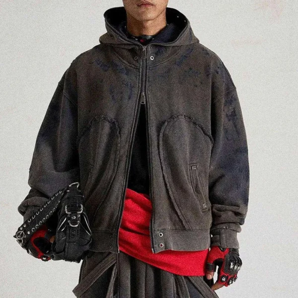 Distressed Full-Zip Oversized Hooded Jacket Distressed Full-Zip Oversized Hooded Jacket