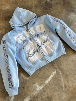 Custom Hoodie Manufacturer 2026 Rhinestone Cropped Zip Hooded Sweatshirt