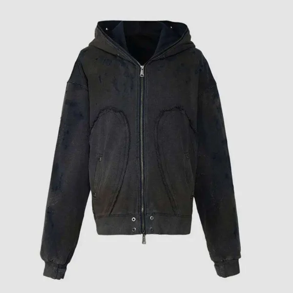 Distressed Full-Zip Oversized Hooded Jacket Distressed Full-Zip Oversized Hooded Jacket