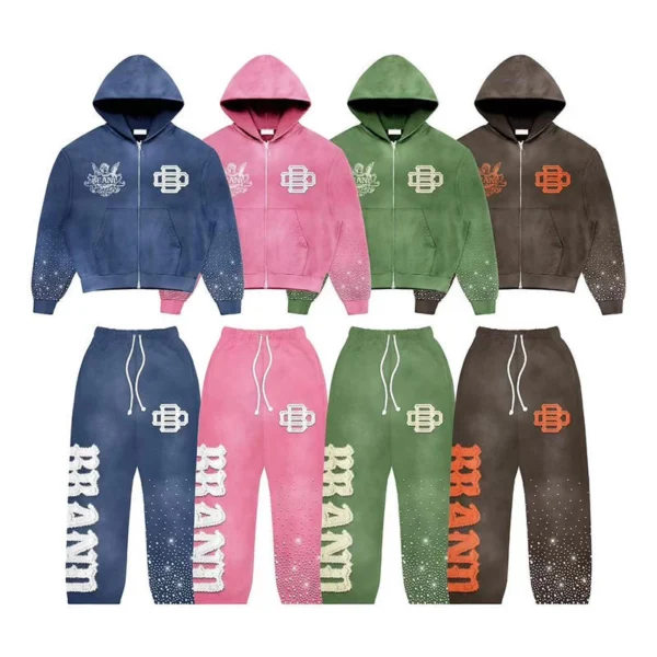 Washed Rhinestone Logo Streetwear Tracksuit Set