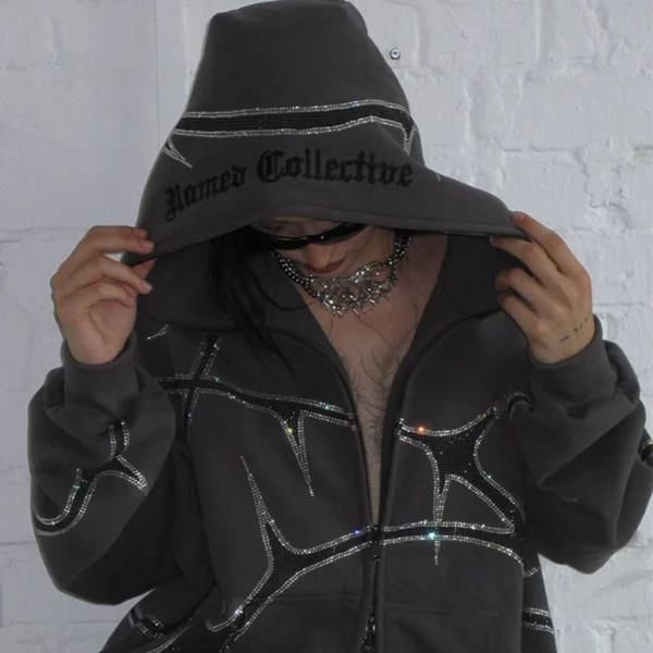 Black Thorn Rhinestone Zip Hoodie