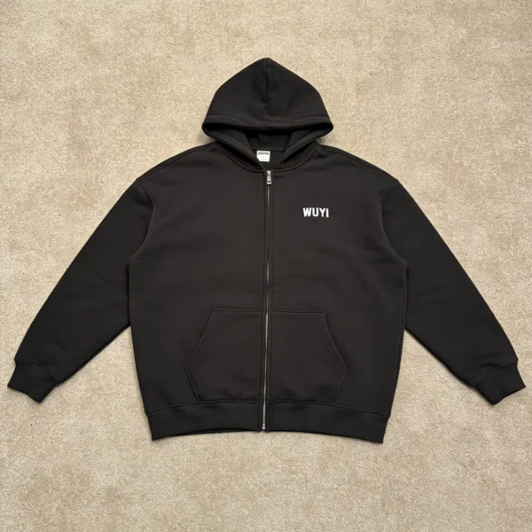 Minimalist WUYI Black Zip-Up Hoodie