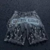 Grey Washed Flame Rhinestone Denim Shorts Grey Washed Flame Rhinestone Denim Shorts
