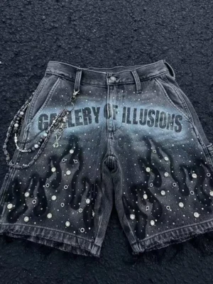 Grey Washed Flame Rhinestone Denim Shorts