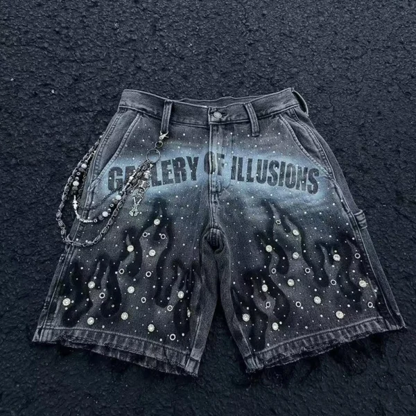 Grey Washed Flame Rhinestone Denim Shorts Grey Washed Flame Rhinestone Denim Shorts