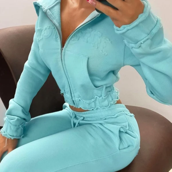 Frayed Ruffle Cropped Tracksuit Set Frayed Ruffle Cropped Tracksuit Set