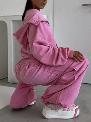Washed Pink Cargo Flare Tracksuit Set