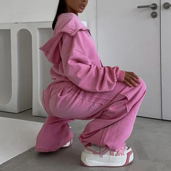 Washed Pink Cargo Flare Tracksuit Set