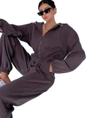 Hooded Zip Waist Tie Jumpsuit