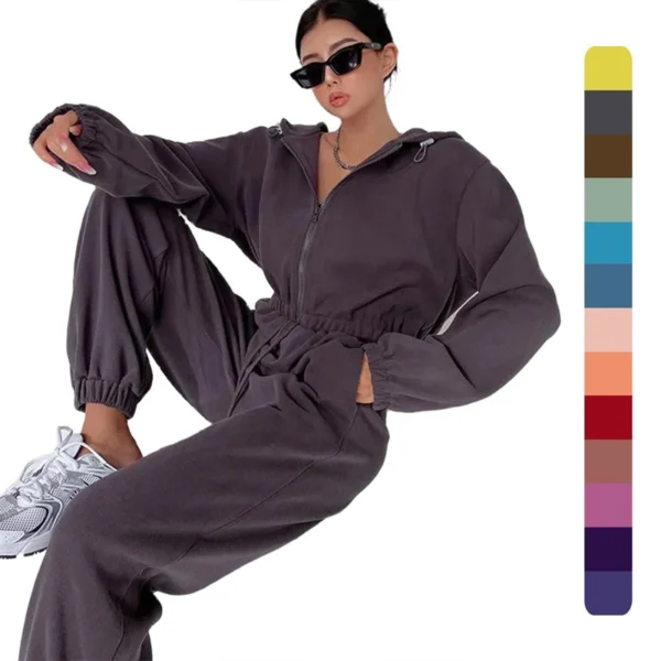 Hooded Zip Waist Tie Jumpsuit Hooded Zip Waist Tie Jumpsuit