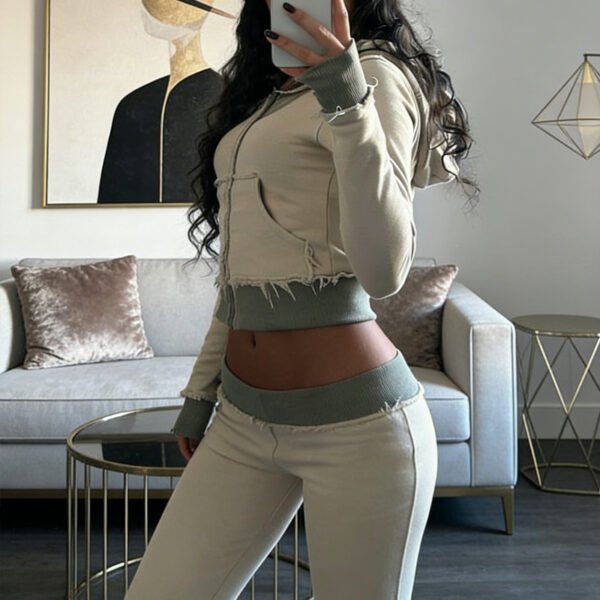 Beige Contrast Frayed Fleece Set Beige Contrast Frayed Fleece Set