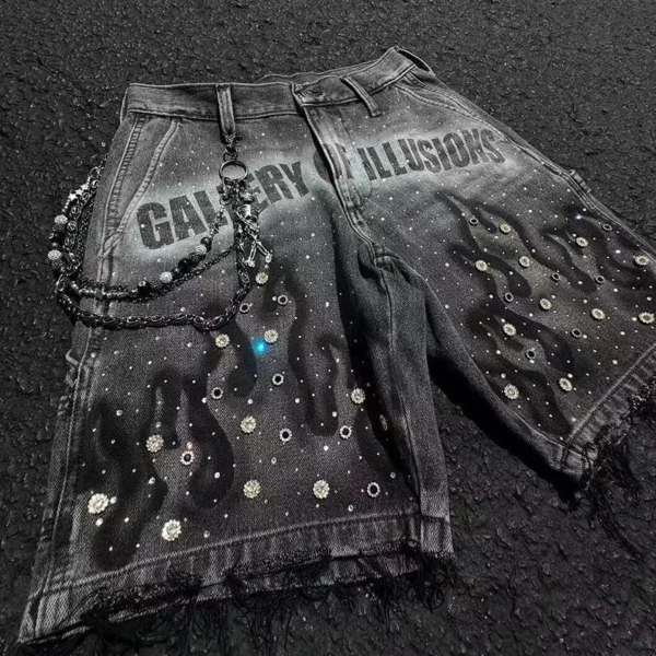 Grey Washed Flame Rhinestone Denim Shorts Grey Washed Flame Rhinestone Denim Shorts