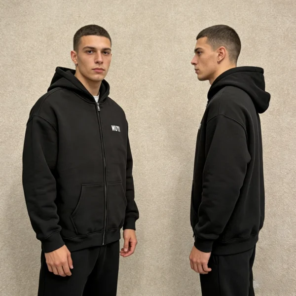 Minimalist WUYI Black Zip-Up Hoodie