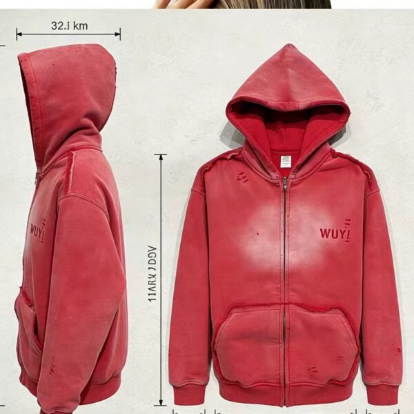 WUYI Washed Red Distressed Hoodie WUYI Washed Red Distressed Hoodie