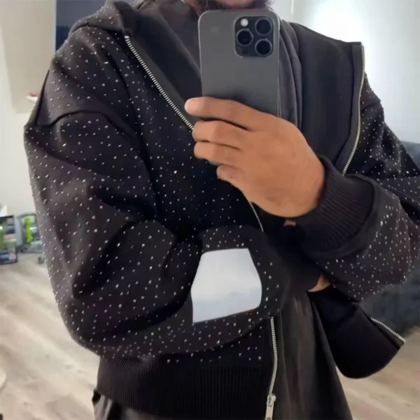 Black Rhinestone Studded Cropped Zip Hoodie
