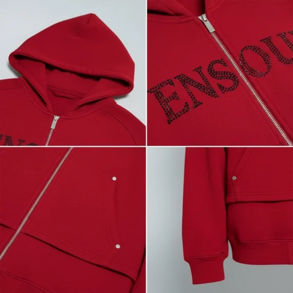 Red Layered Sleeve Zip Hoodie