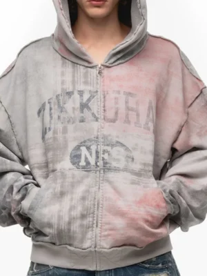 Vintage Washed Flag Print Zip Hoodie