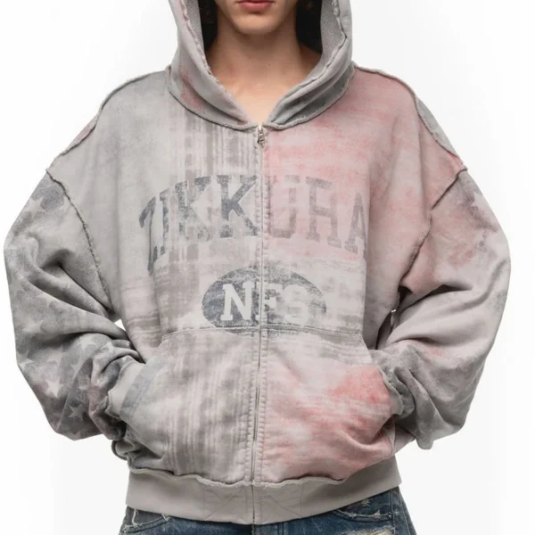 Vintage Washed Flag Print Zip Hoodie
