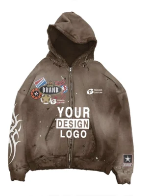 Custom Patch Distressed Zip Hoodie
