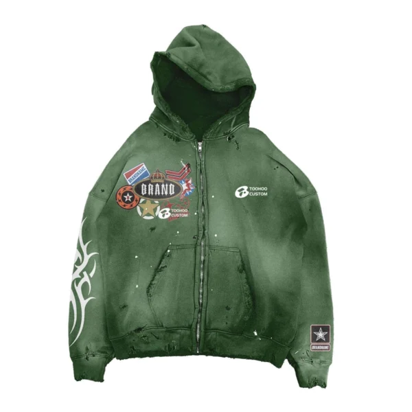 Custom Patch Distressed Zip Hoodie