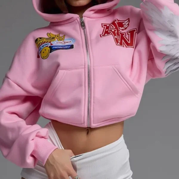 Pink Wing Patch Cropped Zip Hoodie Pink Wing Patch Cropped Zip Hoodie