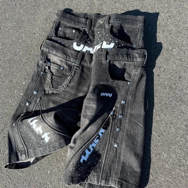 Black Studded Chain Denim Jorts Black Studded Chain Denim Jorts