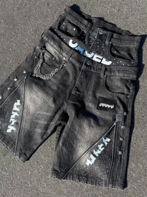 Black Studded Chain Denim Jorts