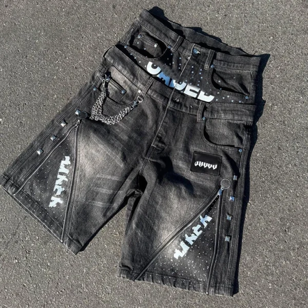 Black Studded Chain Denim Jorts Black Studded Chain Denim Jorts
