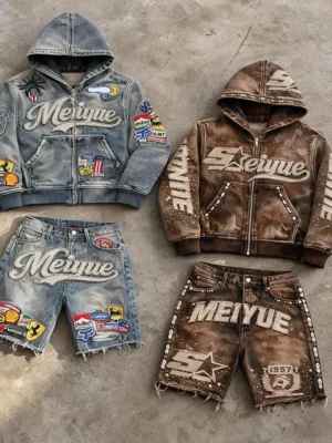 Meiyue Patch Washed Denim Set
